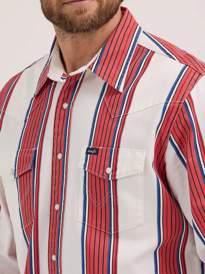Wrangler | Vintage Brushpopper Cherry Stripe Western LS Shirt | Close Up