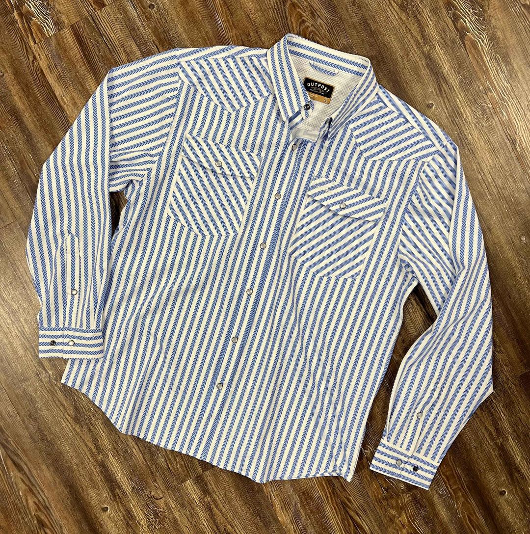 Outpost Performance Blue Stripe Pearl Snap Long Sleeve Shirt