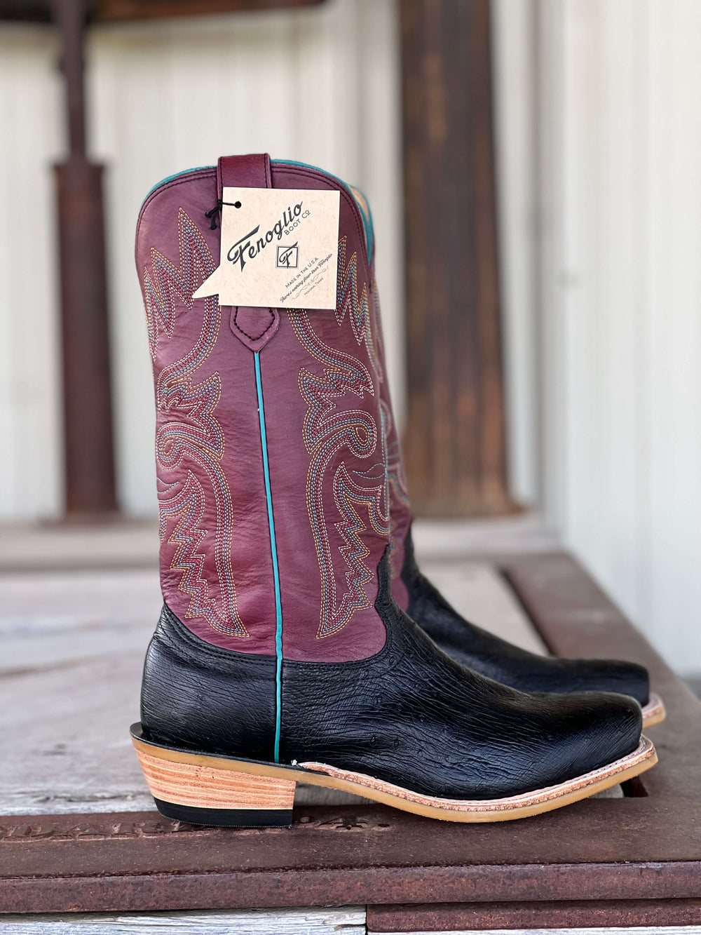Fenoglio Boot Co. | Black Smooth Ostrich Cabernet Boot | Side View