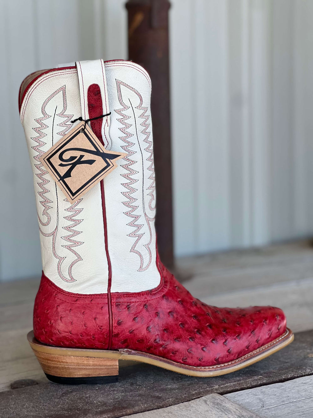Side View Fenoglio Boot Co. | Red Bruciato Full Quill Ostrich Boot