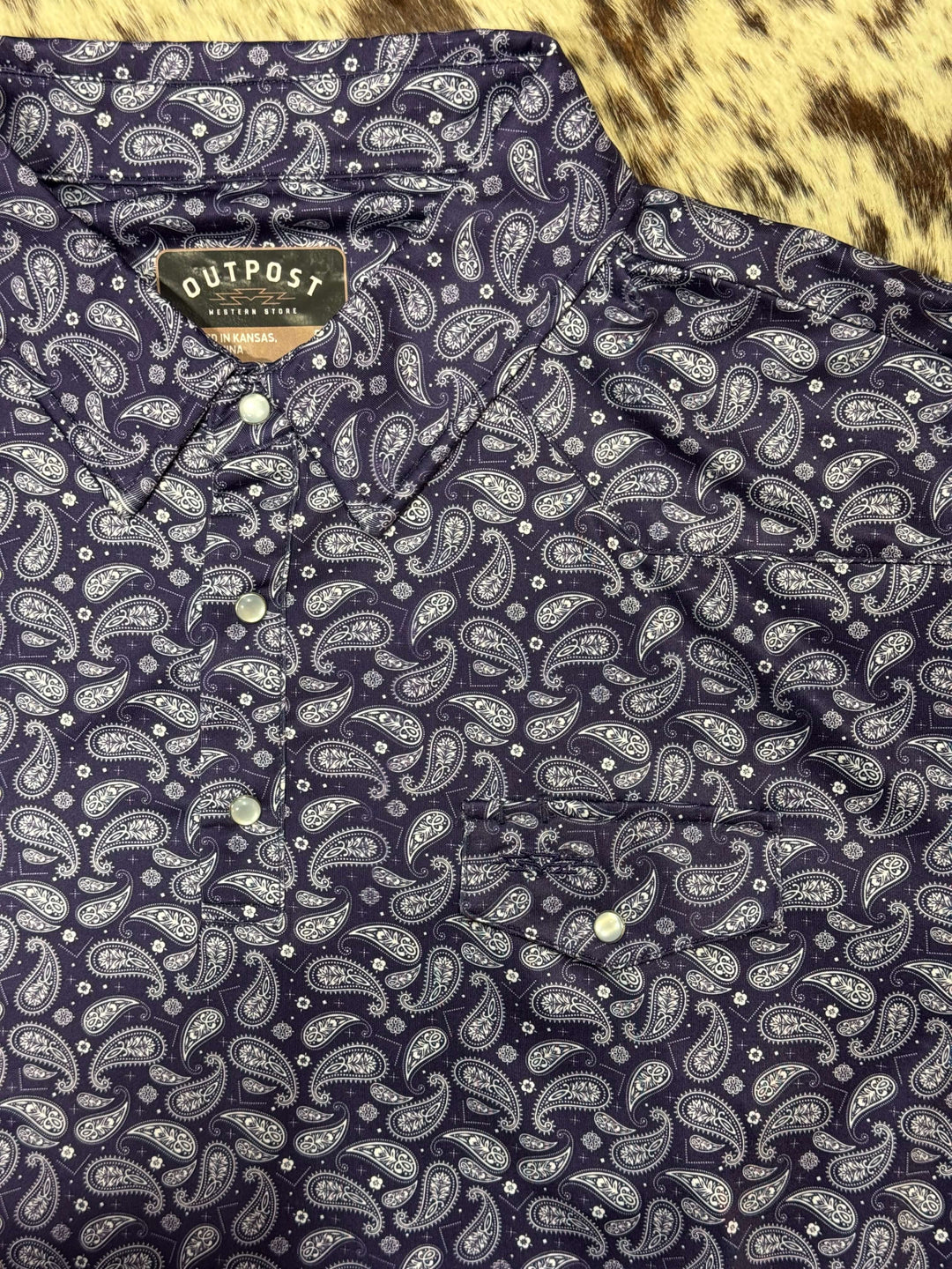 Outpost Performance Dark Indigo Paisley Polo Shirt | Close up