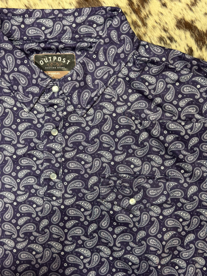Outpost Performance Dark Indigo Paisley Polo Shirt | Close up