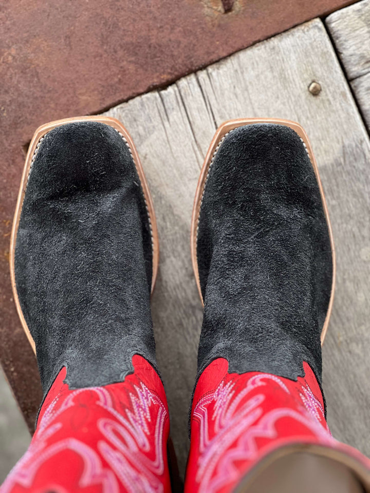 Fenoglio Boot Co. | Black Victoria Roughout w/ Red Boot | Toe View