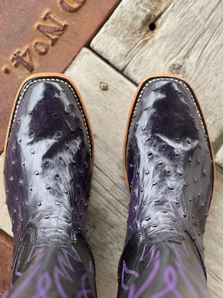Toe View Fenoglio Boot Co. | Grape Vale Full Quill Ostrich Boot