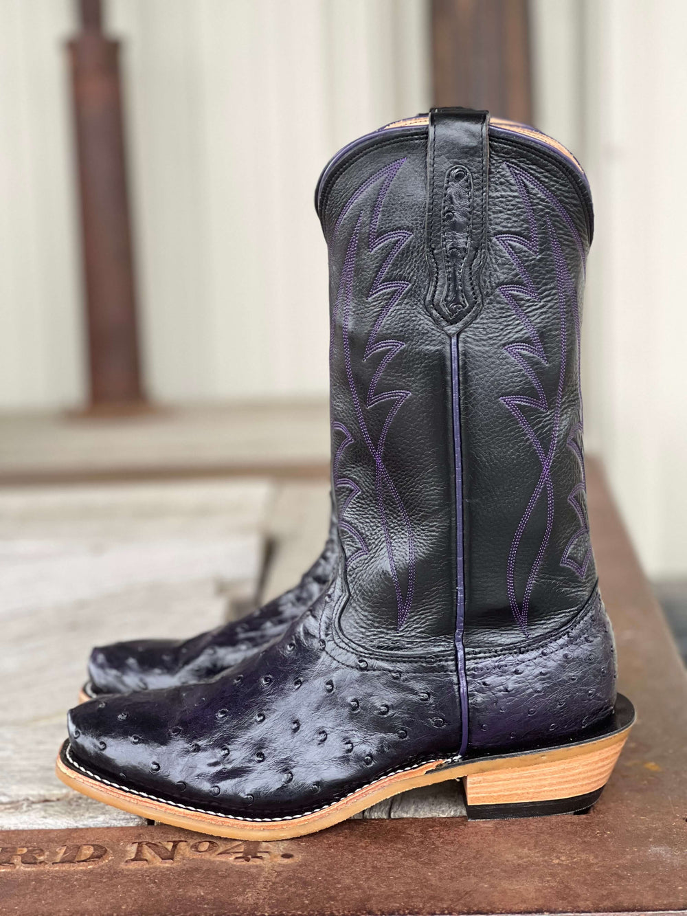 Side View Fenoglio Boot Co. | Grape Vale Full Quill Ostrich Boot
