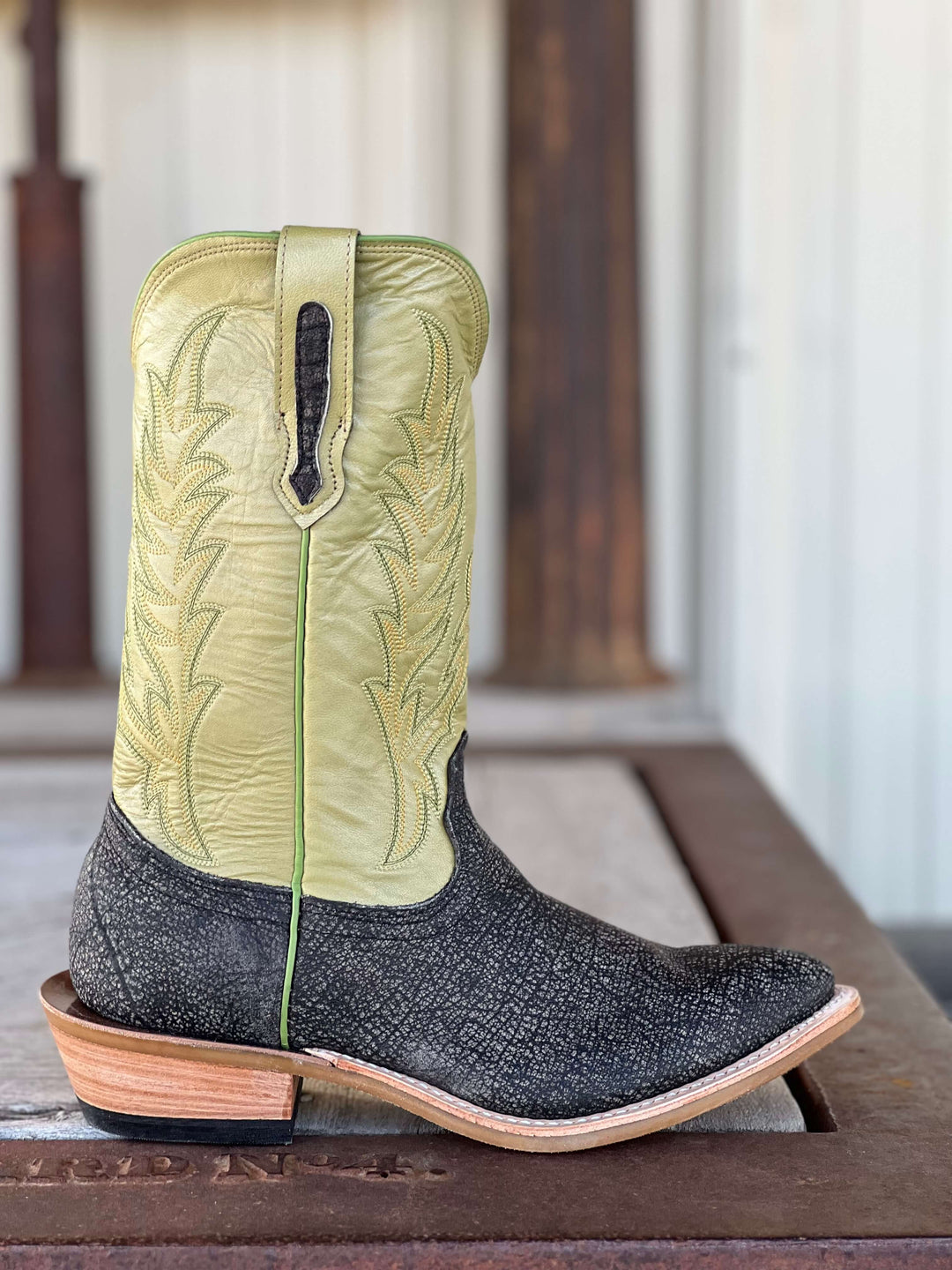 Fenoglio Boot Co. | Grey Cape Buffalo w/Sage Green Boot Side View