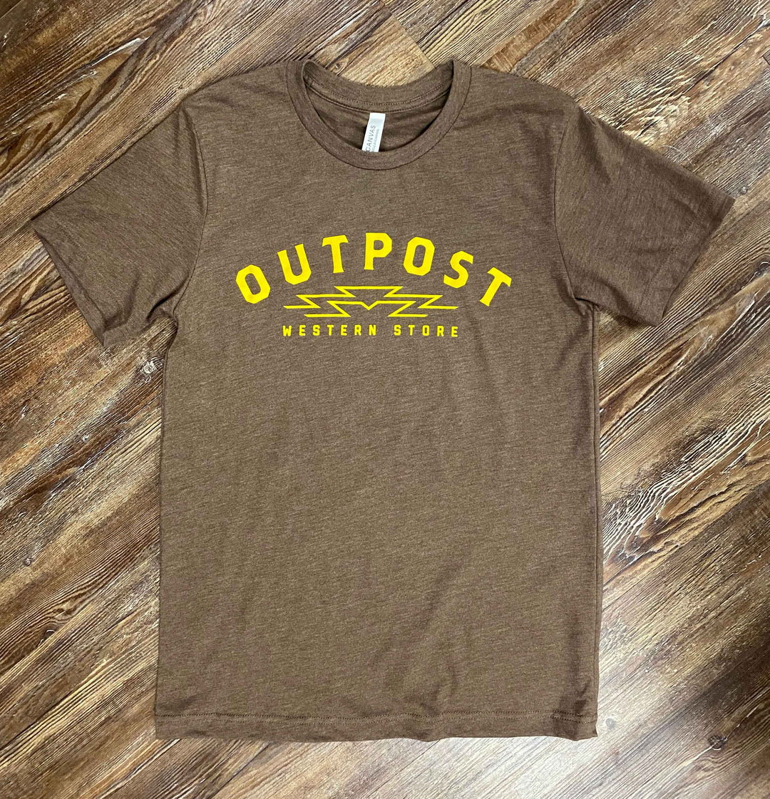 Outpost Logo Sunrise Tee brown heather with yellow gold screen print