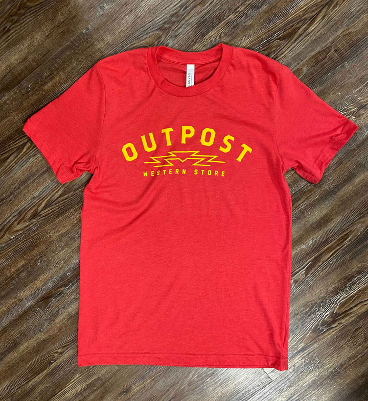 Outpost Sunrise Logo Tee red heather with yellow gold screen print