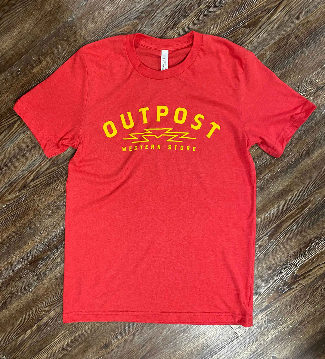 Outpost Logo Short Sleeve Tee red with yellow gold screen print
