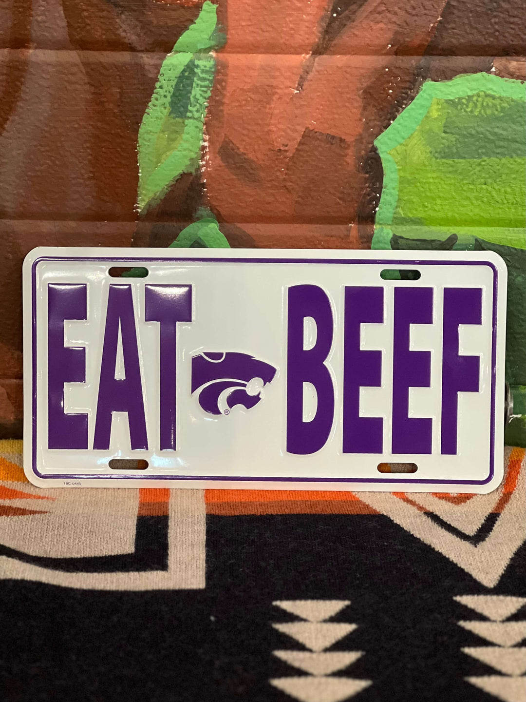 K-State EAT BEEF | White/Purple Metal License Plate