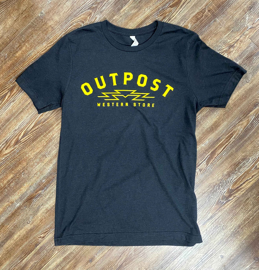 Outpost Sunrise Tee black with yellow gold screen print