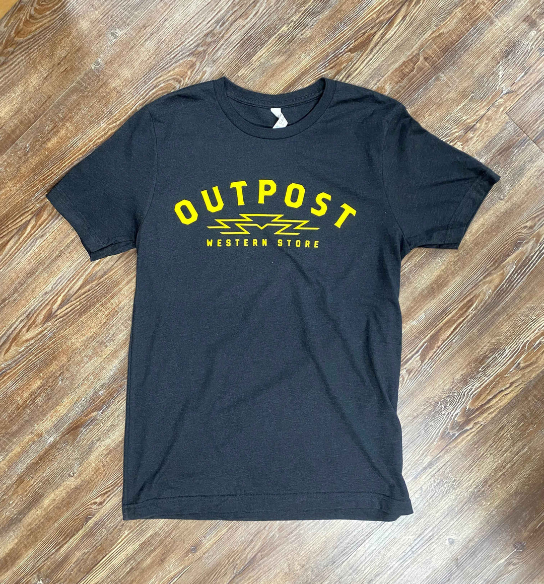 Outpost Sunrise Logo Tee, black with yellow screen print