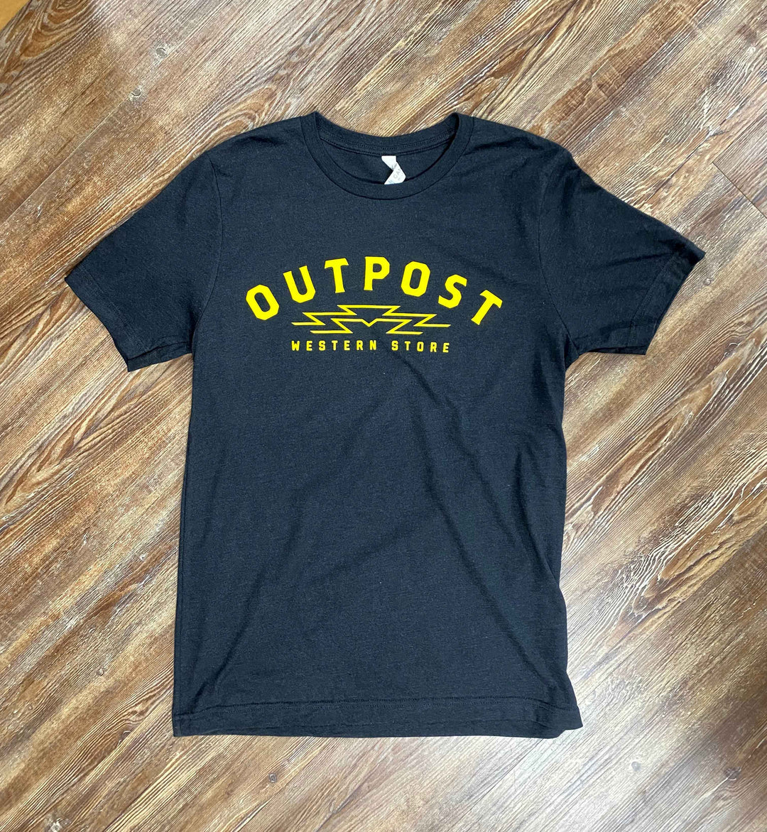 Outpost Sunrise Logo Tee black heather with yellow gold screen print