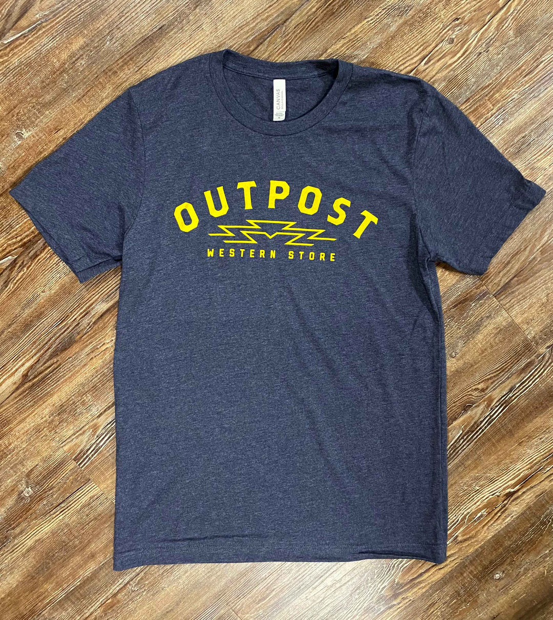 Outpost Sunrise Logo Tee, blue heather with yellow gold screen print