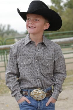 Cinch | Boy's Grey Geometric Print LS Shirt