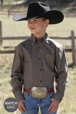 Cinch | Boy's Brown Geometric Print LS Shirt