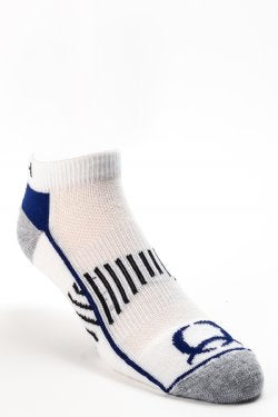 Cinch ankle sock, white with blue accents