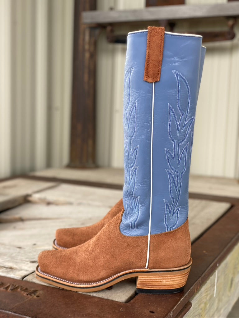 side view Olathe Boot Co. | Brown Mule Roughout O Toe Boot