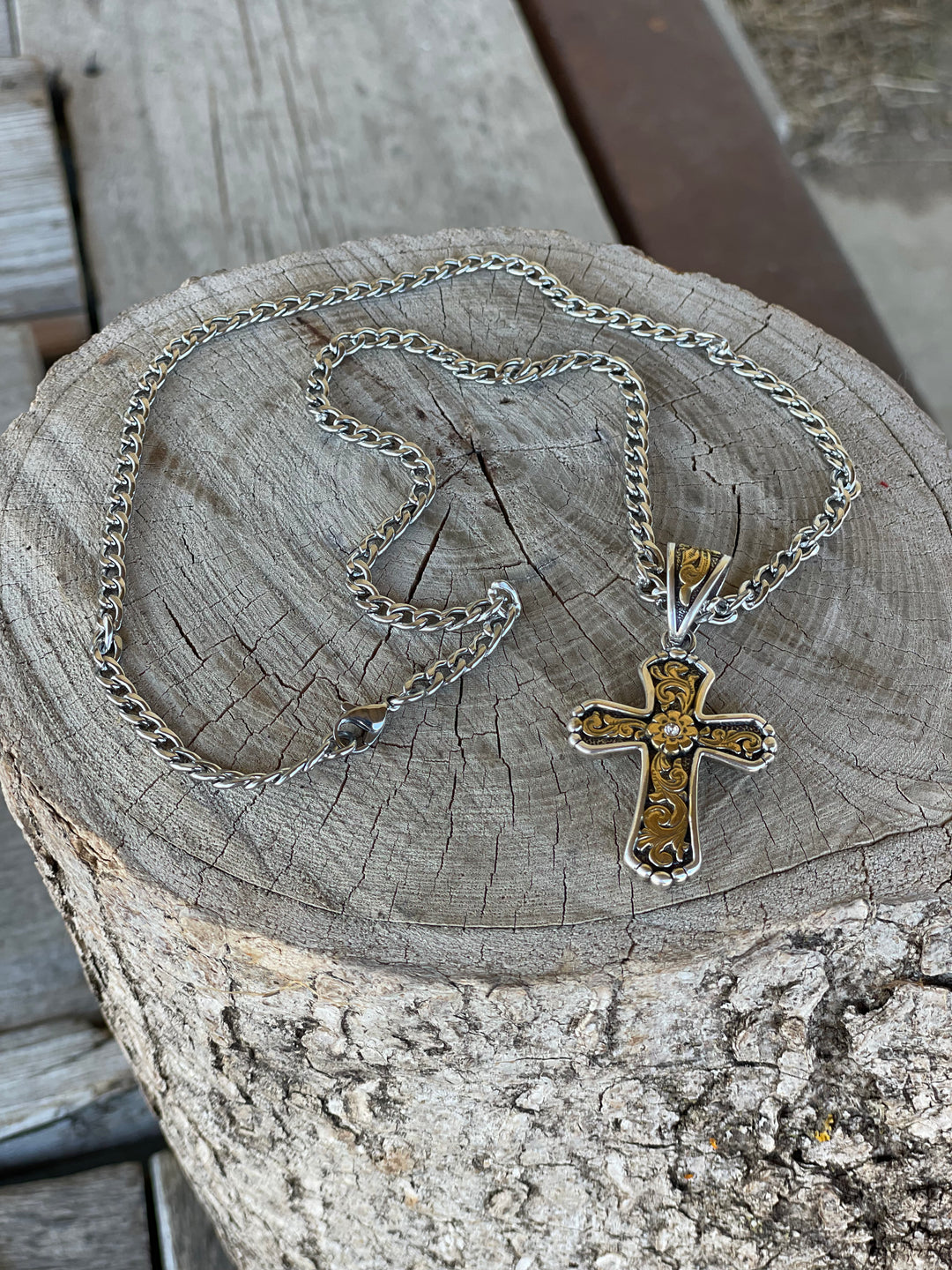 MF Twister Silver/Gold Scroll Cross Necklace