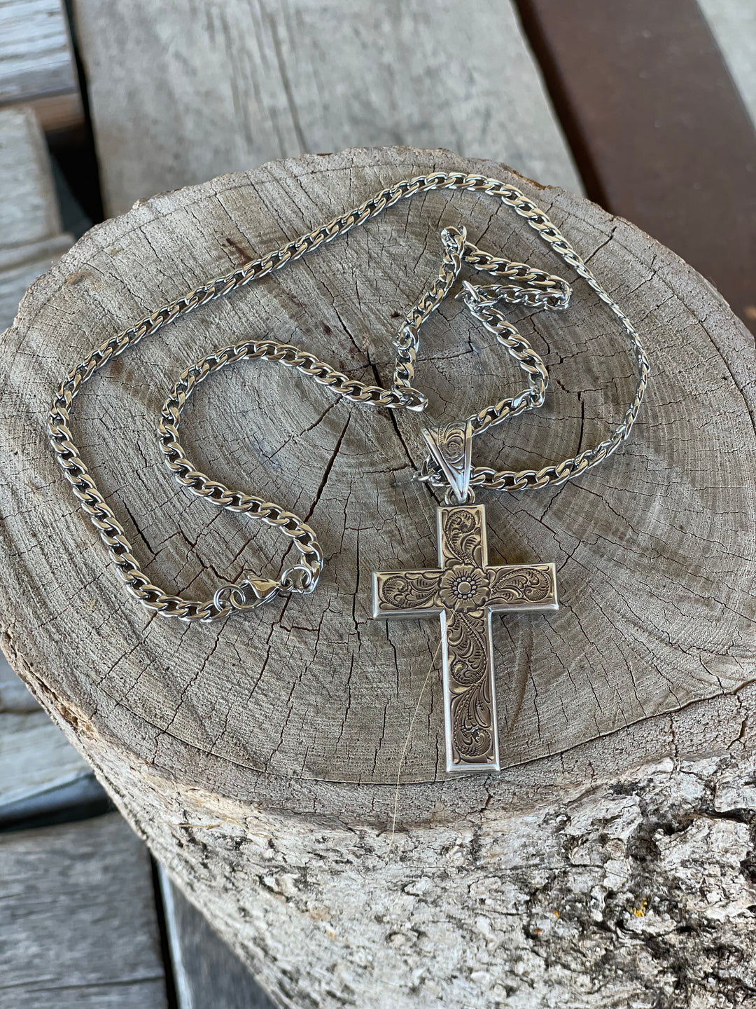 MF Twister | Silver Floral Scroll Cross Necklace