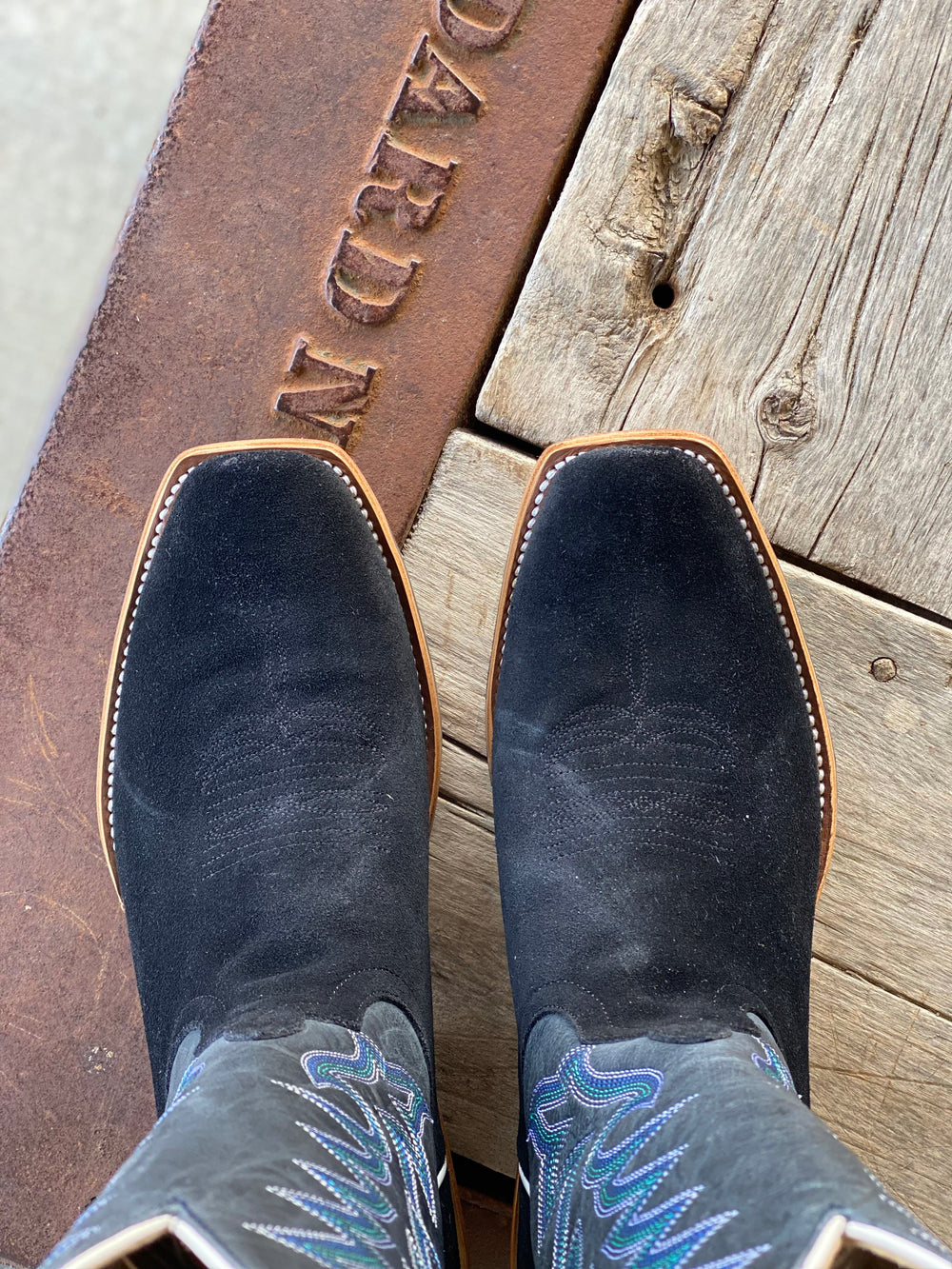 top view toe shape and leather detail Horse Power Top Hand  Black Suede Boot