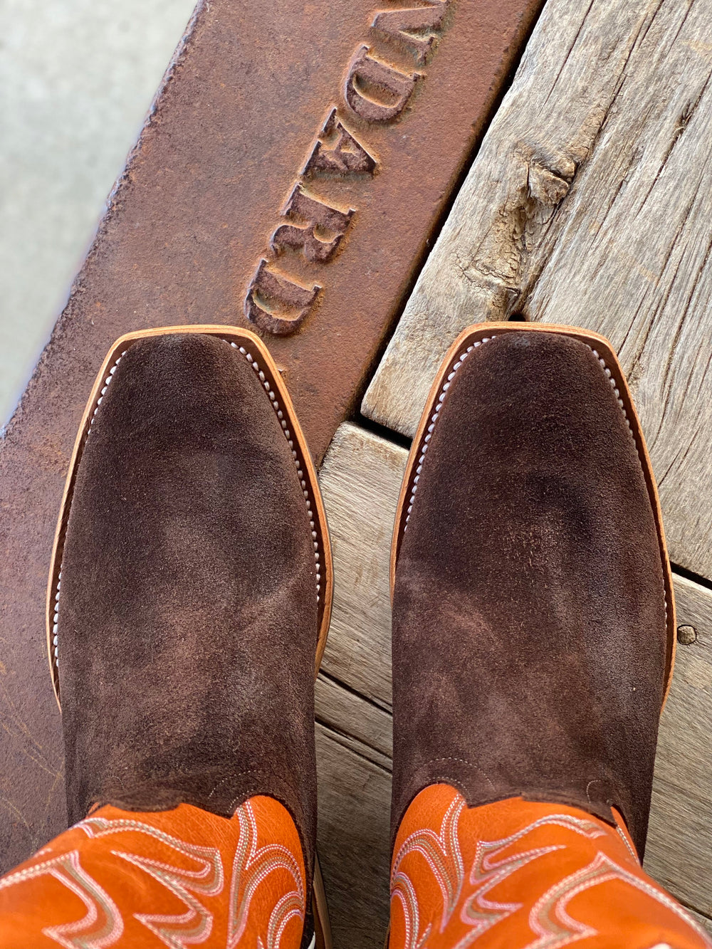 Top view detail of toe shape and leather Horse Power Top Hand  | Chocolate Suede Boot