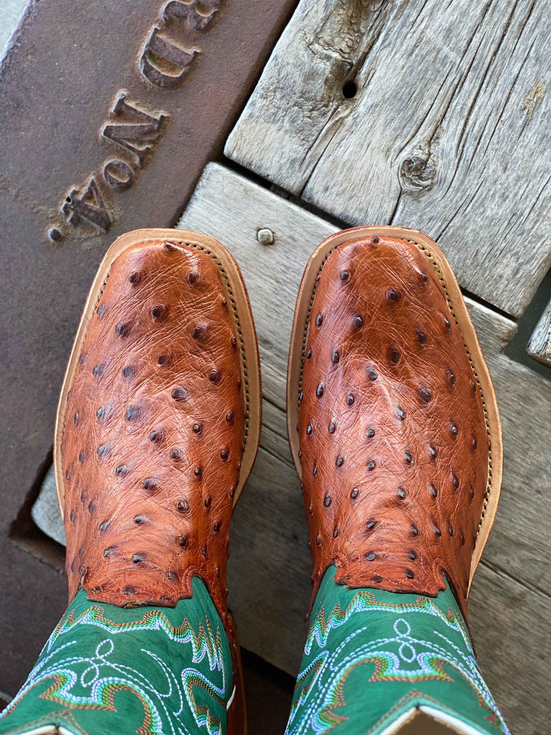 Top view of toe shape and leathers Fenoglio Boot Co. Cognac FQ Ostrich boot