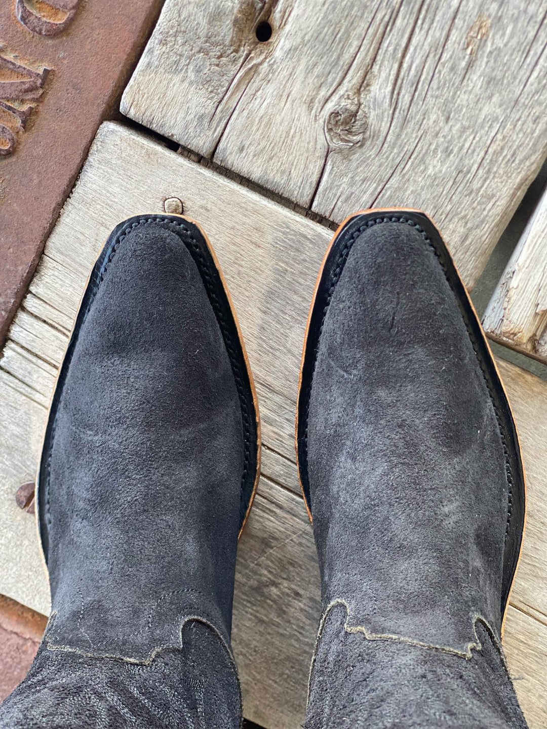 top down view Fenoglio Boot Co. | Black Victoria Roughout Boot