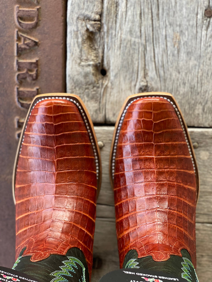 Macie Bean Top Hand |  Brandy Caiman Belly Ladies TK Toe Boot Toe View