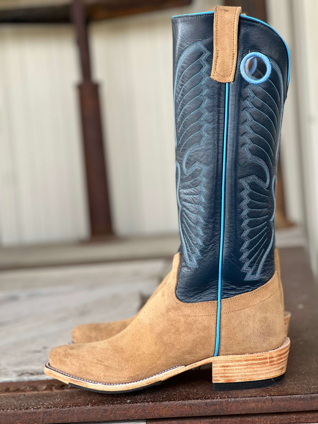Side View Olathe Boot Co. | Tan Newman KS Toe Tall Top Boot