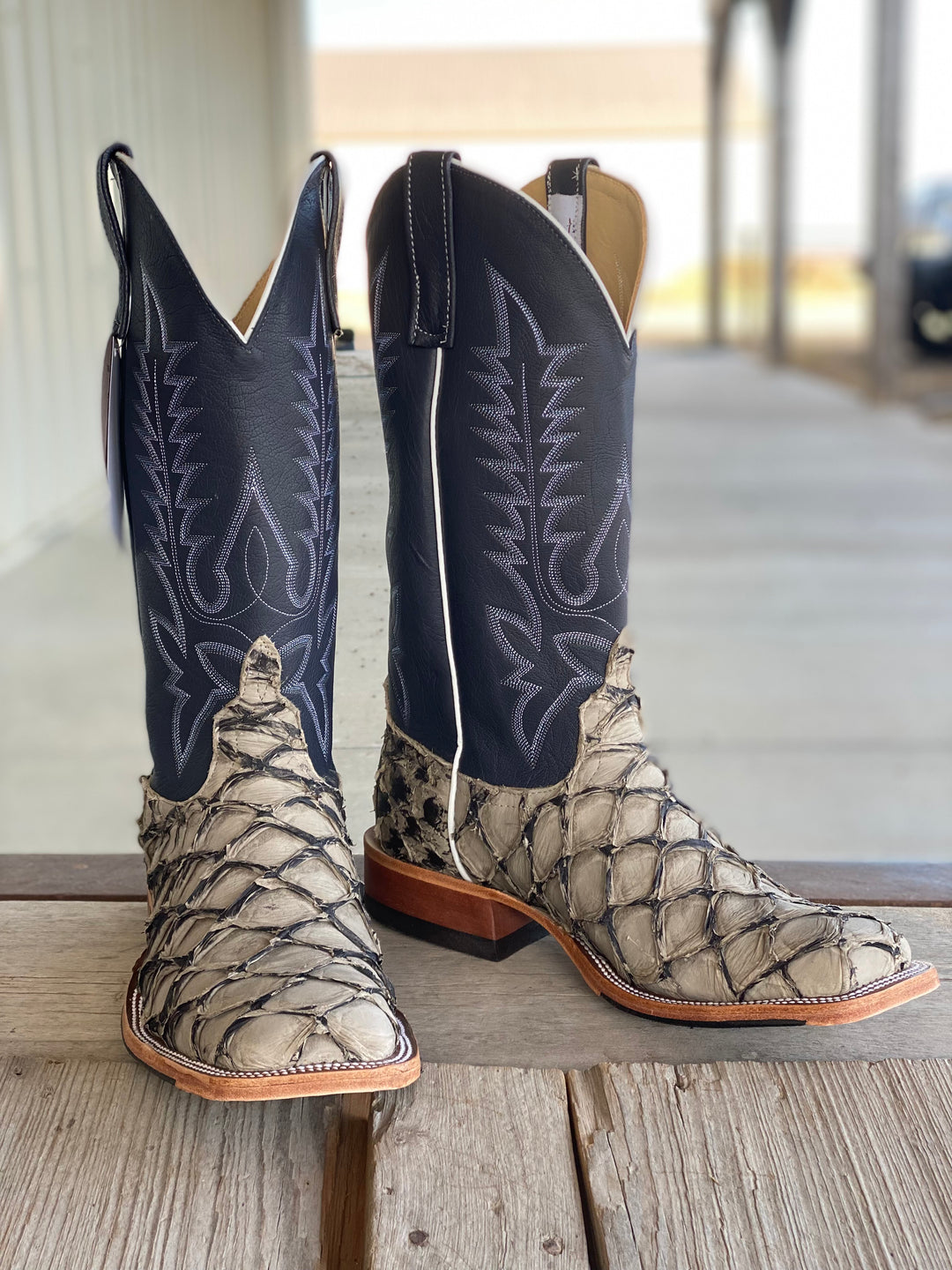 Cold Big Bass | Top: Navy Denver Calf | Color: Grey/Navy | Top Height: 13" | Toe: DB | Heel: AB | Sole: Hybrid w/ Cush-N-Sole