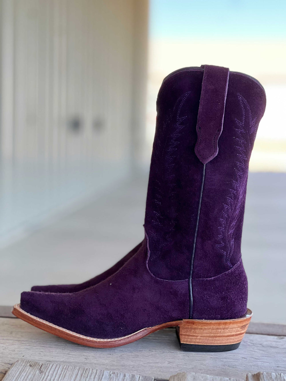 Side View Fenoglio Boot Co. | Grape Motochap Roughout Boot