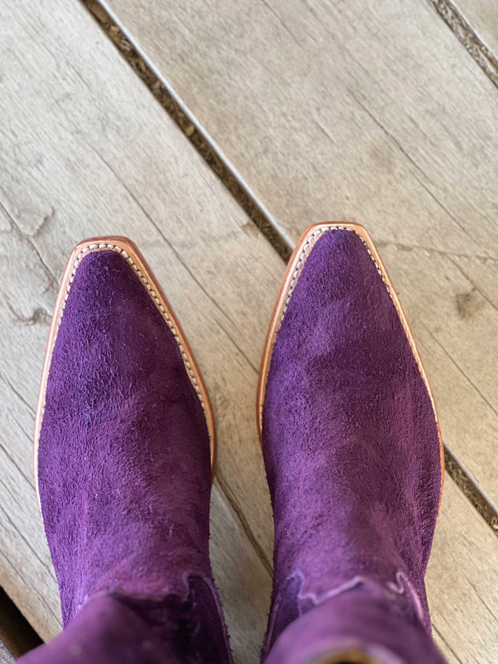 Toe view Fenoglio Boot Co. | Grape Motochap Roughout Boot