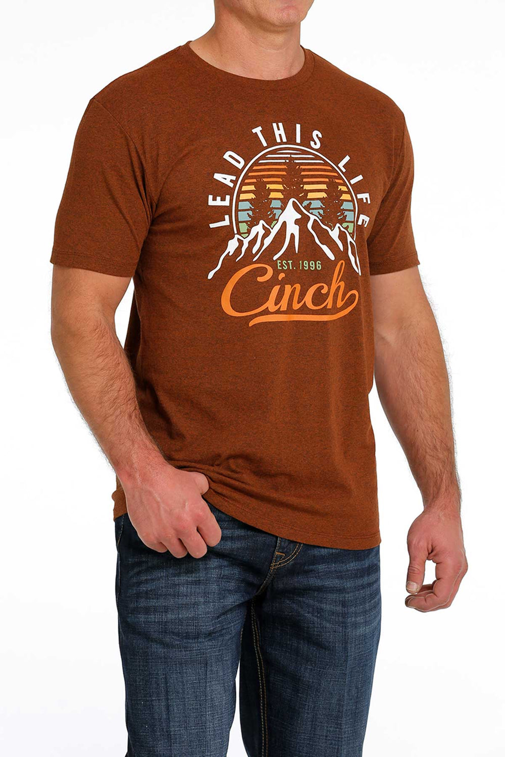 Front View Cinch | Heather Orange Logo Tee