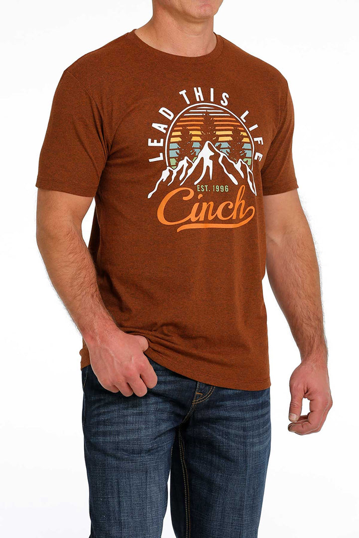 Front View Cinch | Heather Orange Logo Tee