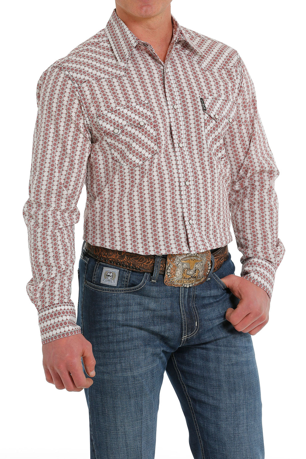 Side View Cinch | White Striped Modern Fit Print LS Shirt