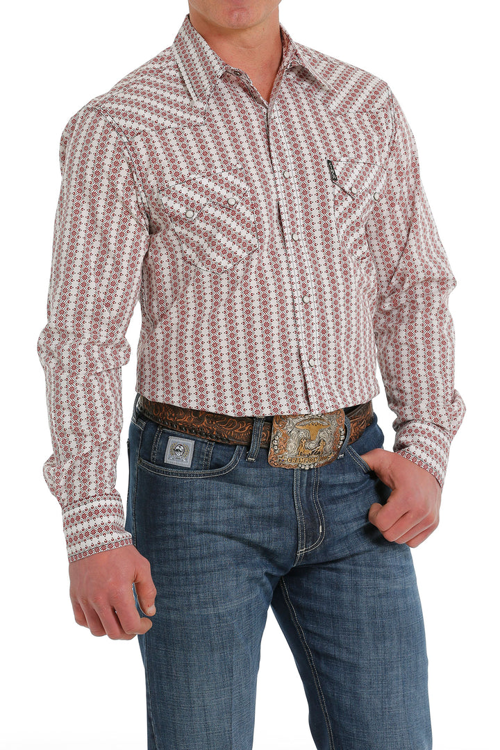 Side View Cinch | White Striped Modern Fit Print LS Shirt