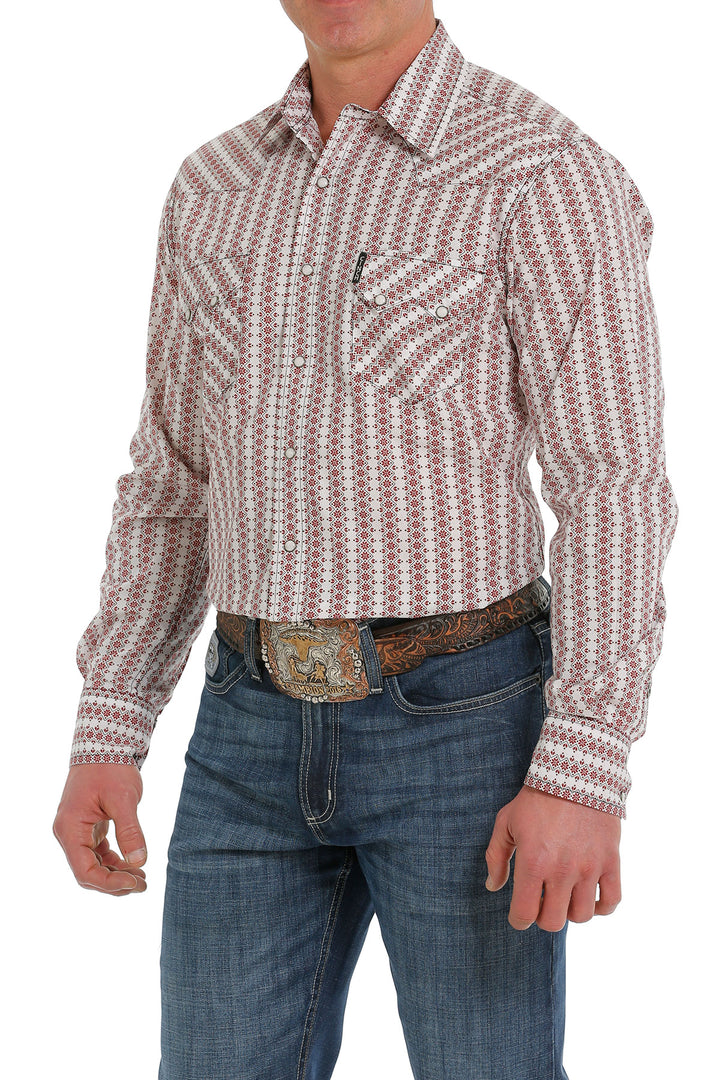 Side View Cinch | White Striped Modern Fit Print LS Shirt