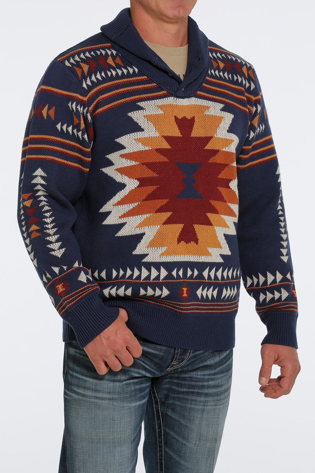 Front View Cinch | Navy Cowl Neck  Pullover Sweater