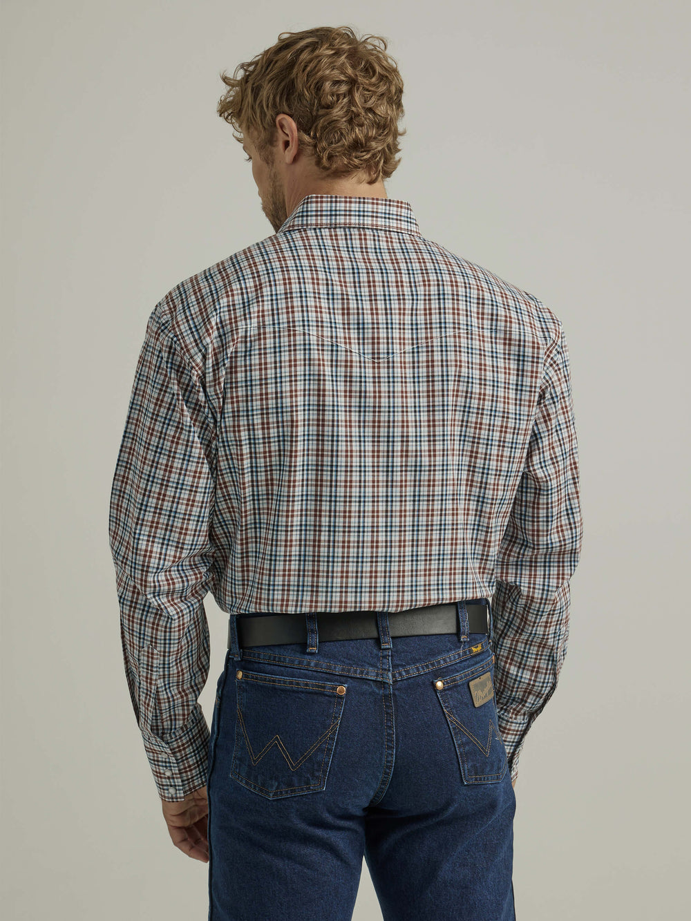 back view Wrangler | Wrinkle Resist Brown/Black Plaid LS Shirt