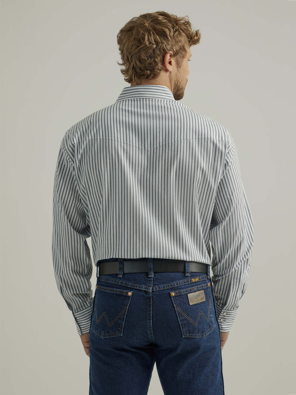 back view Wrangler | Wrinkle Resist Classic Fit White/Blue Stripe LS Shirt