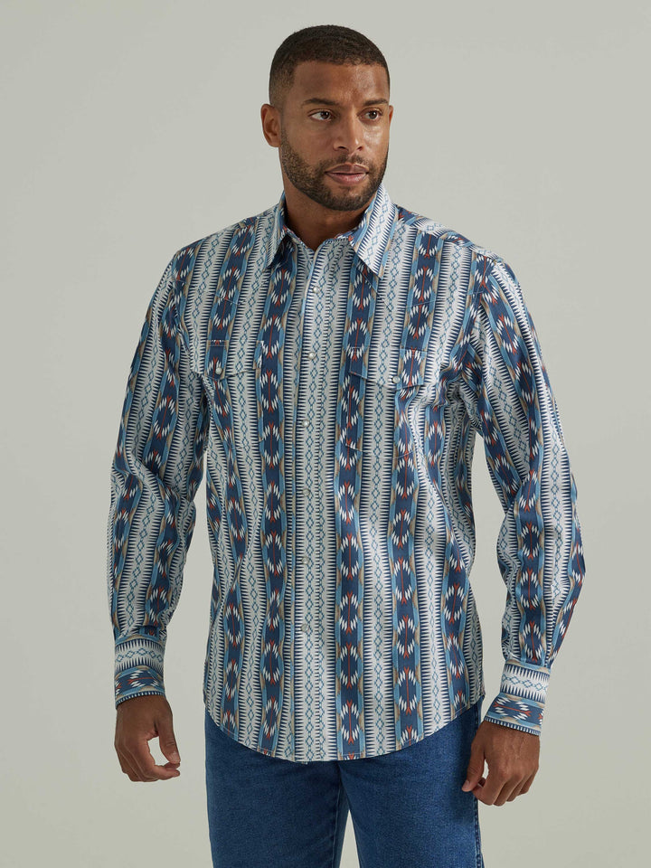 front view Wrangler | Checotah® Western Blue Print LS Shirt