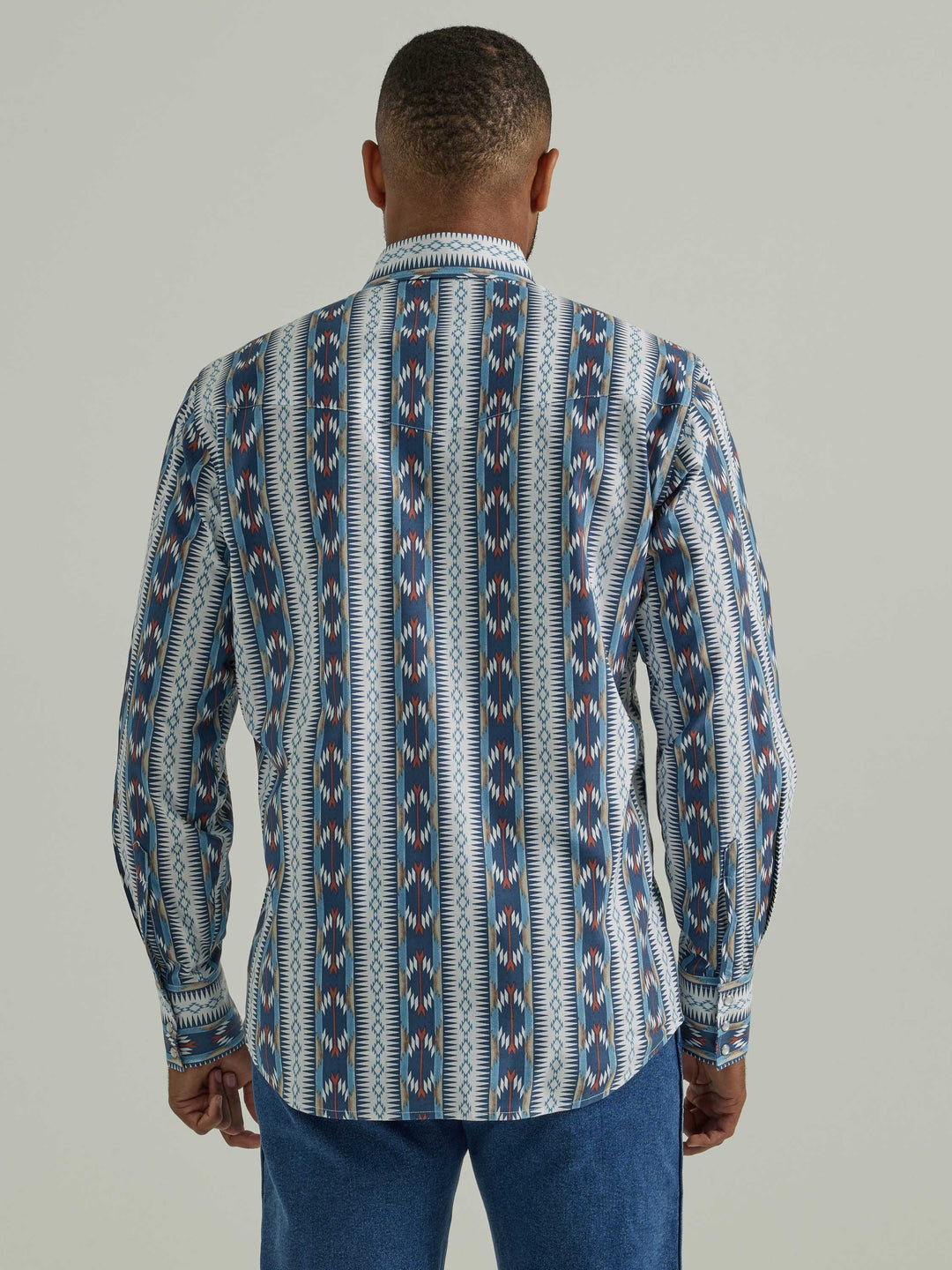 back view Wrangler | Checotah® Western Blue Print LS Shirt