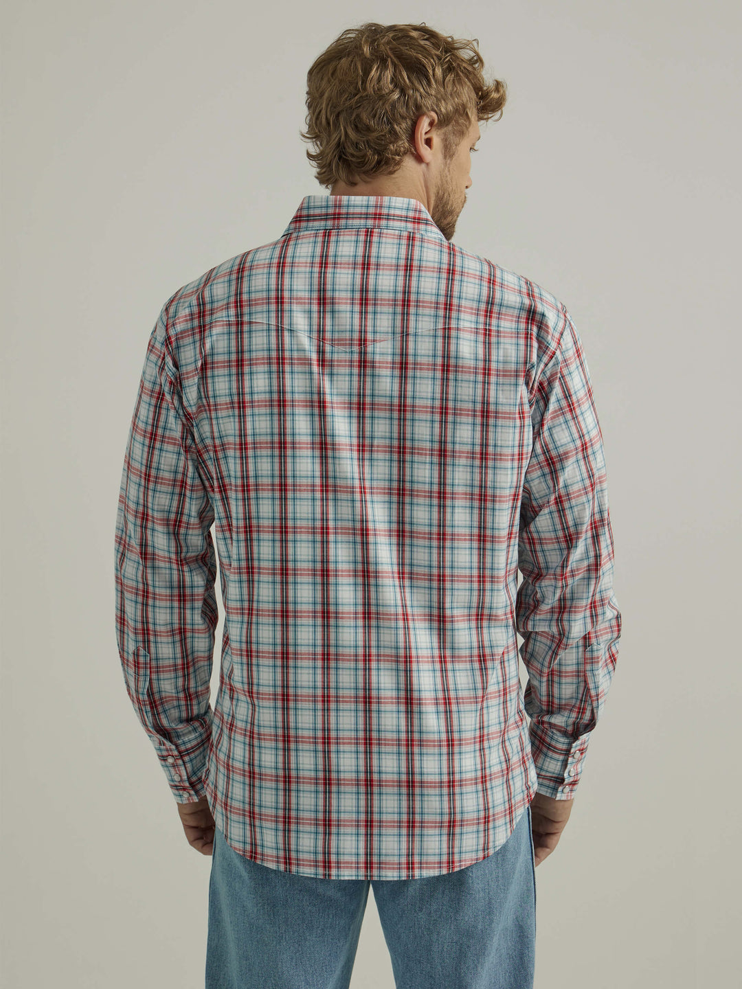back view Wrangler | Wrinkle Resist Classic Fit Red Plaid LS Shirt
