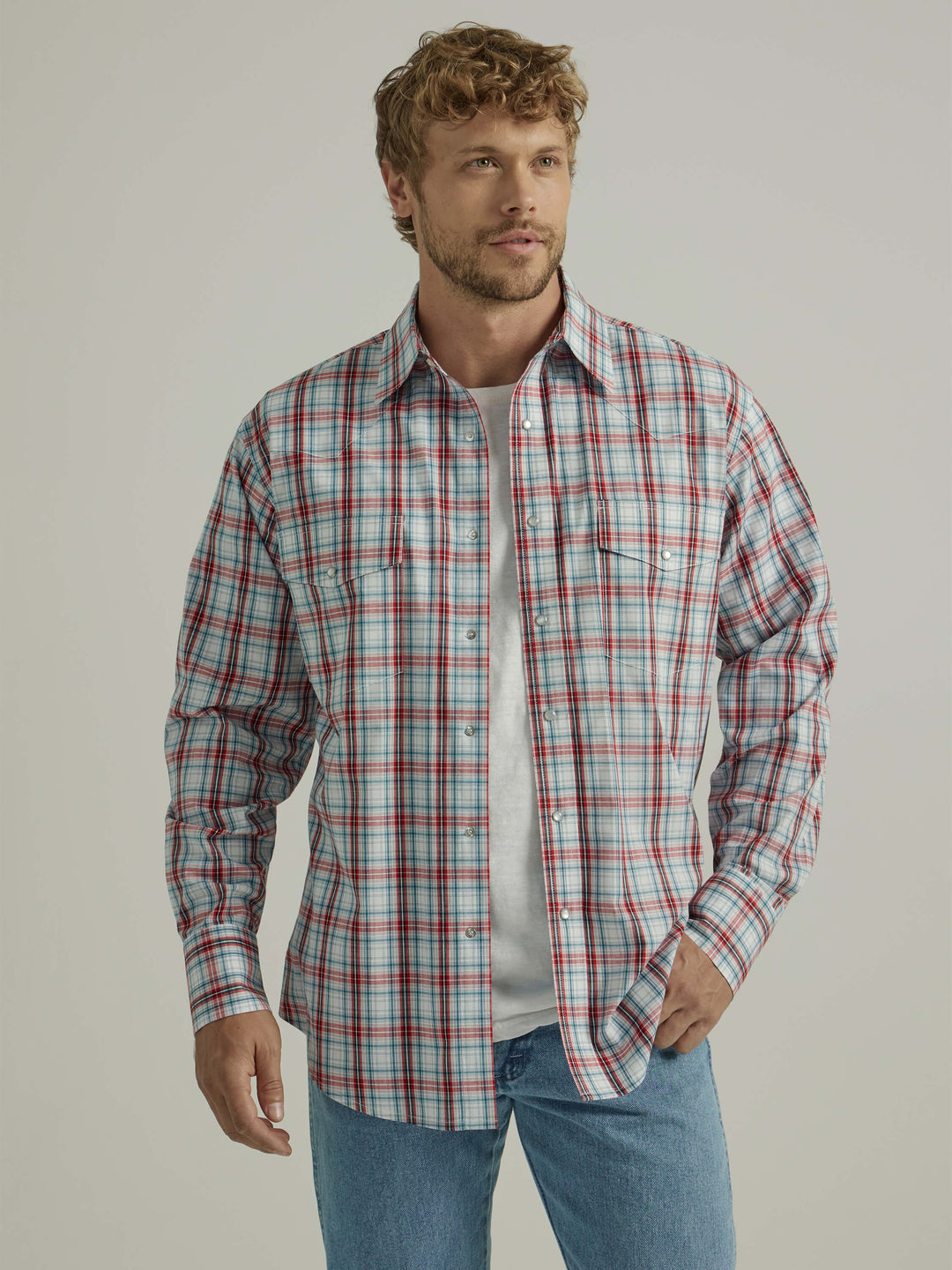 front view Wrangler | Wrinkle Resist Classic Fit Red Plaid LS Shirt