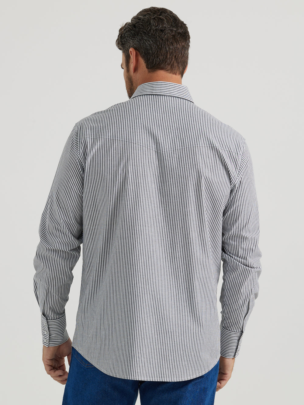 Back View Wrangler | Wrinkle Resist Black/White Striped LS Shirt