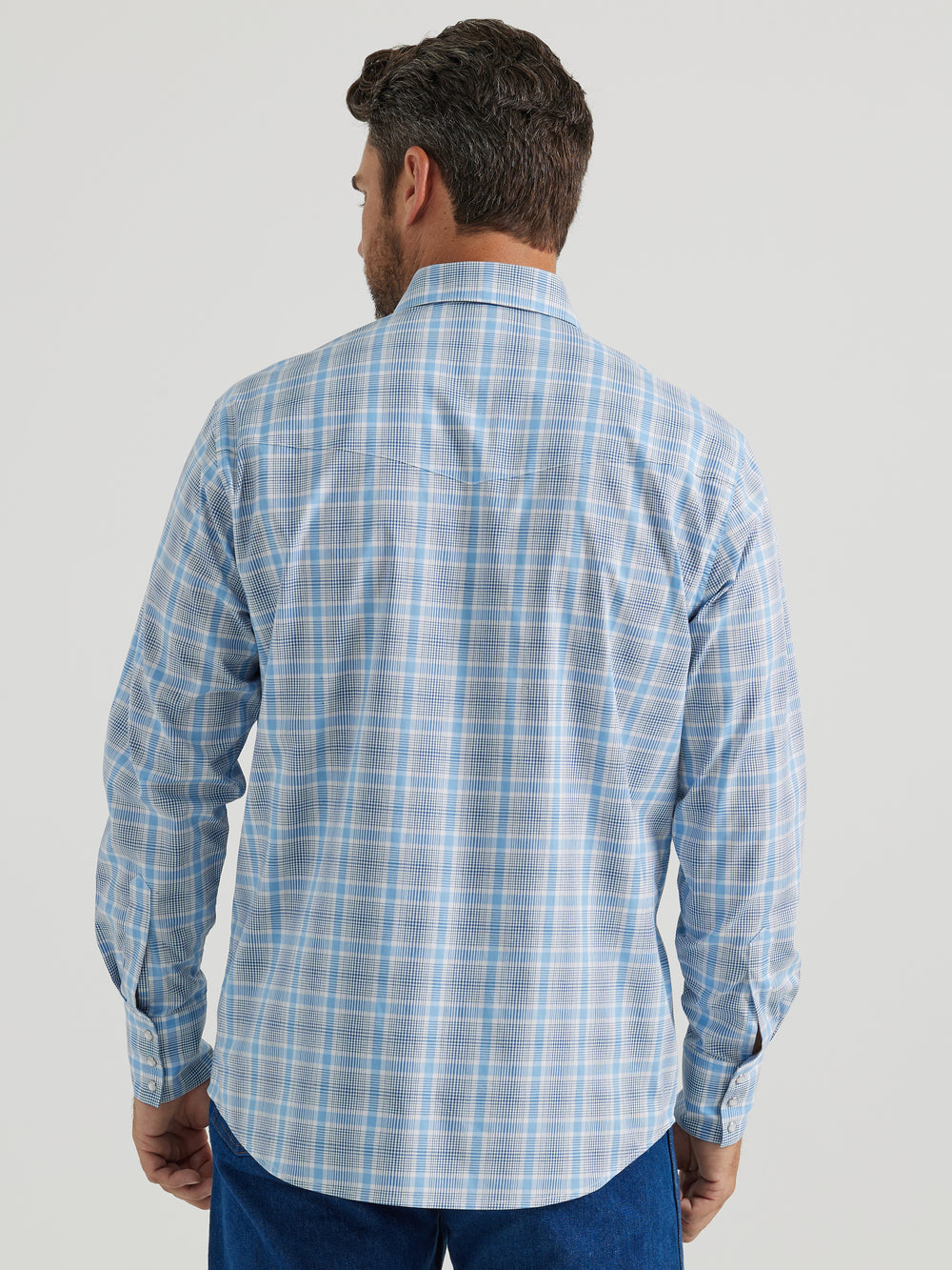 Back View Wrangler | Wrinkle Resist Blue Plaid LS Shirt