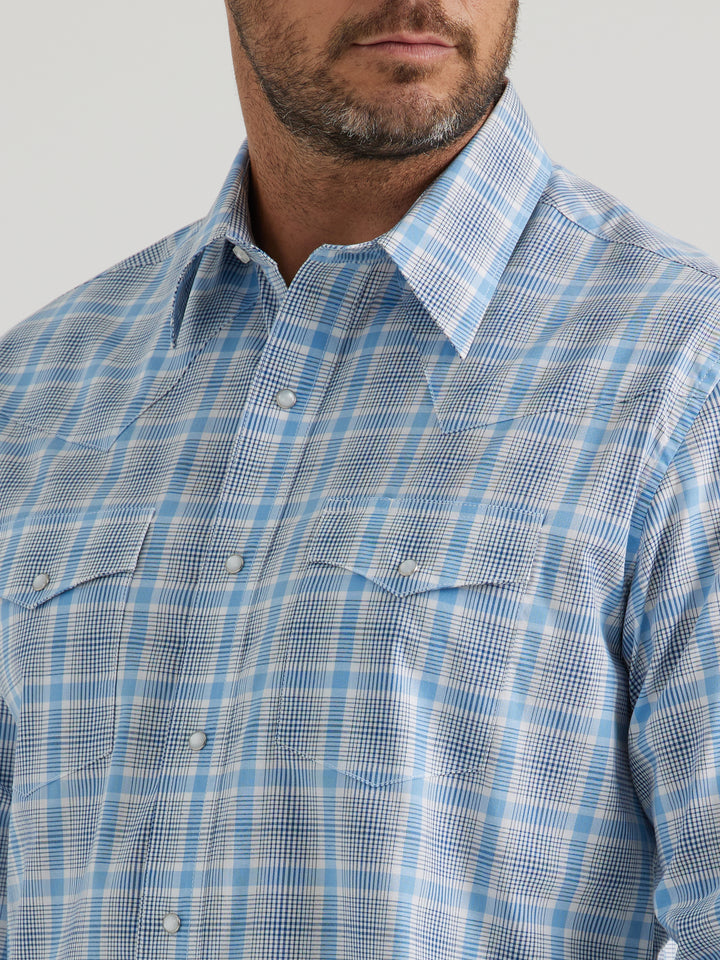 Close Up View Wrangler | Wrinkle Resist Blue Plaid LS Shirt