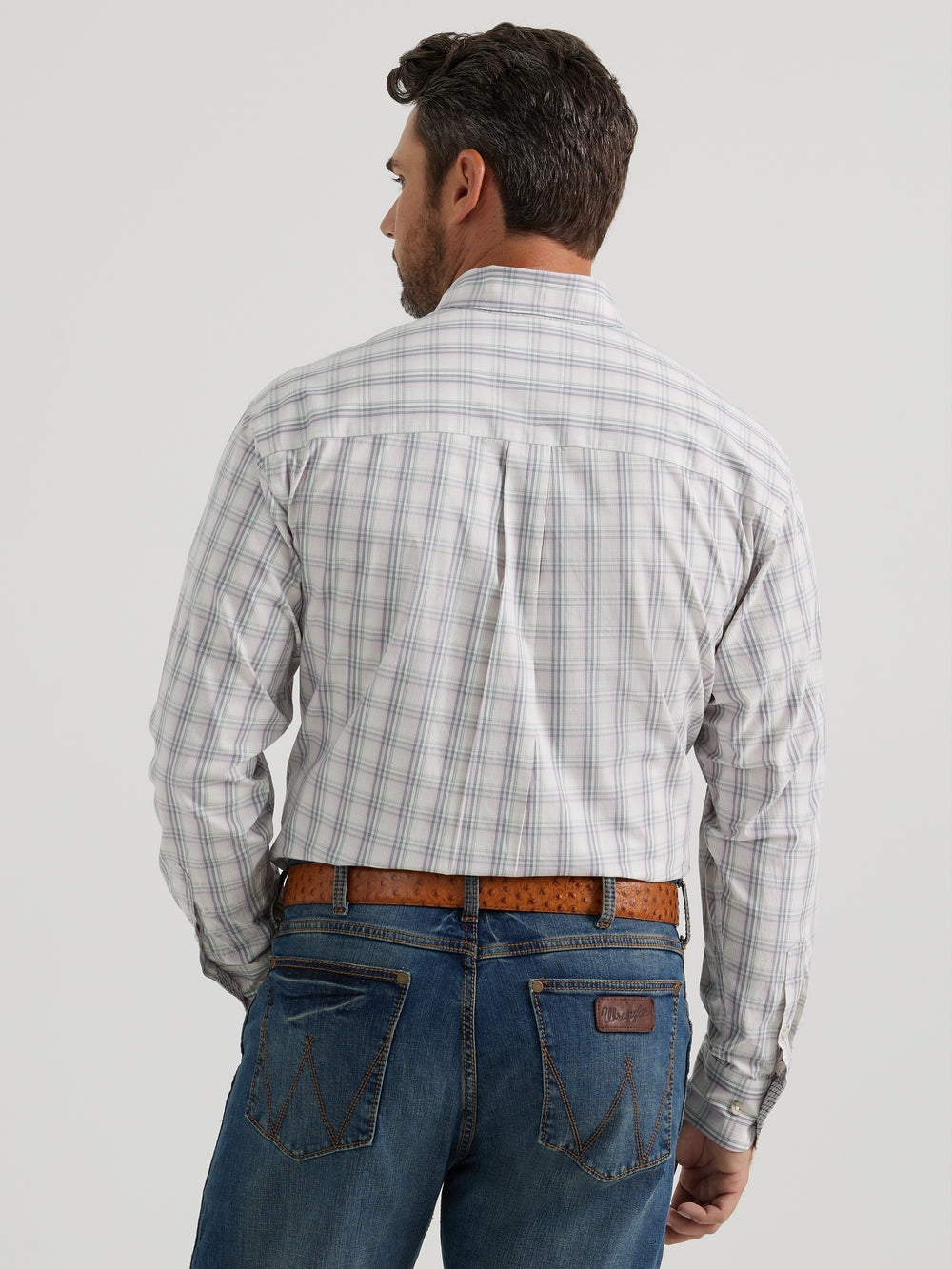 Back View Wrangler | George Strait Purple Plaid Two Pocket LS Shirt