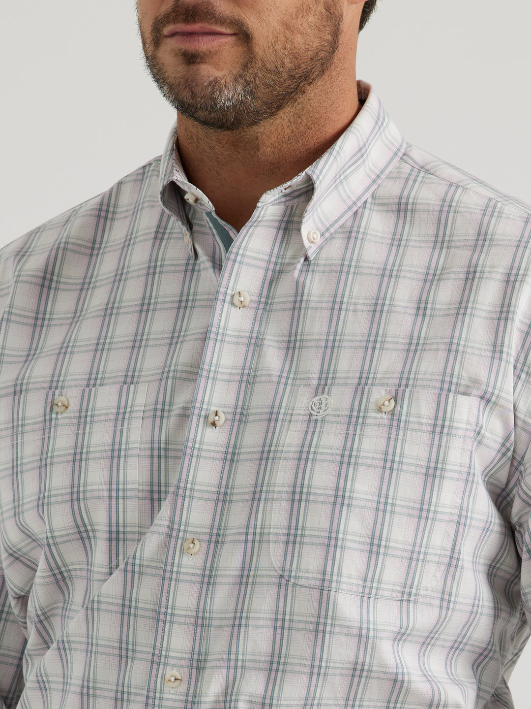 Close Up Wrangler | George Strait Purple Plaid Two Pocket LS Shirt